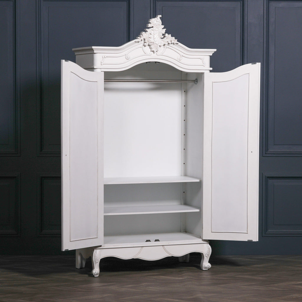 French Style White Carved Double Full Mirrored Armoire