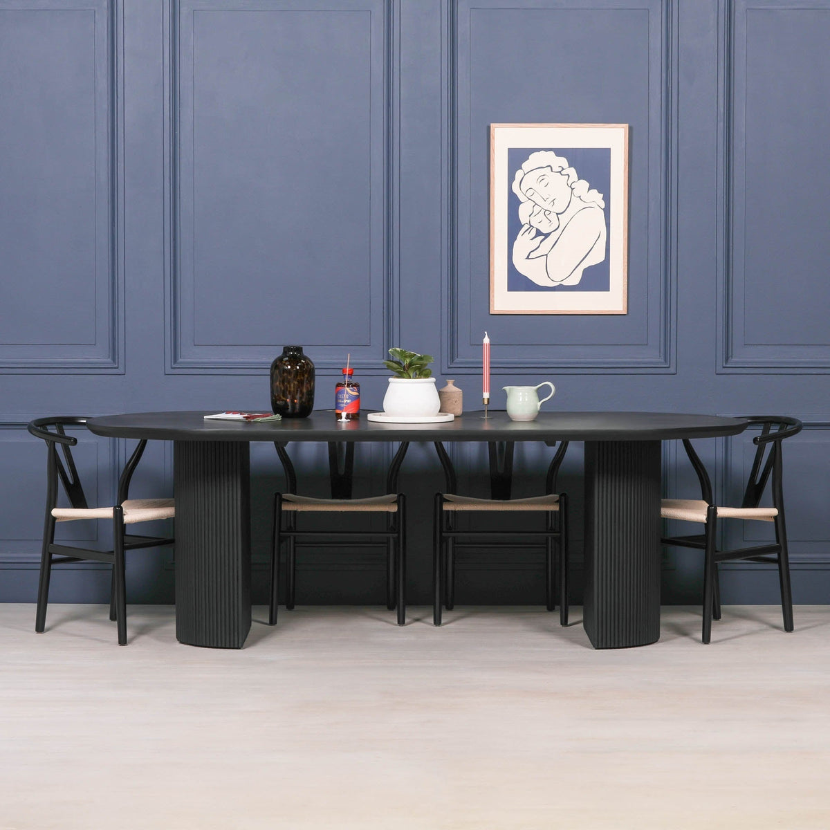 Black Painted Acacia Fluted Oval Dining Table With 6 Chairs