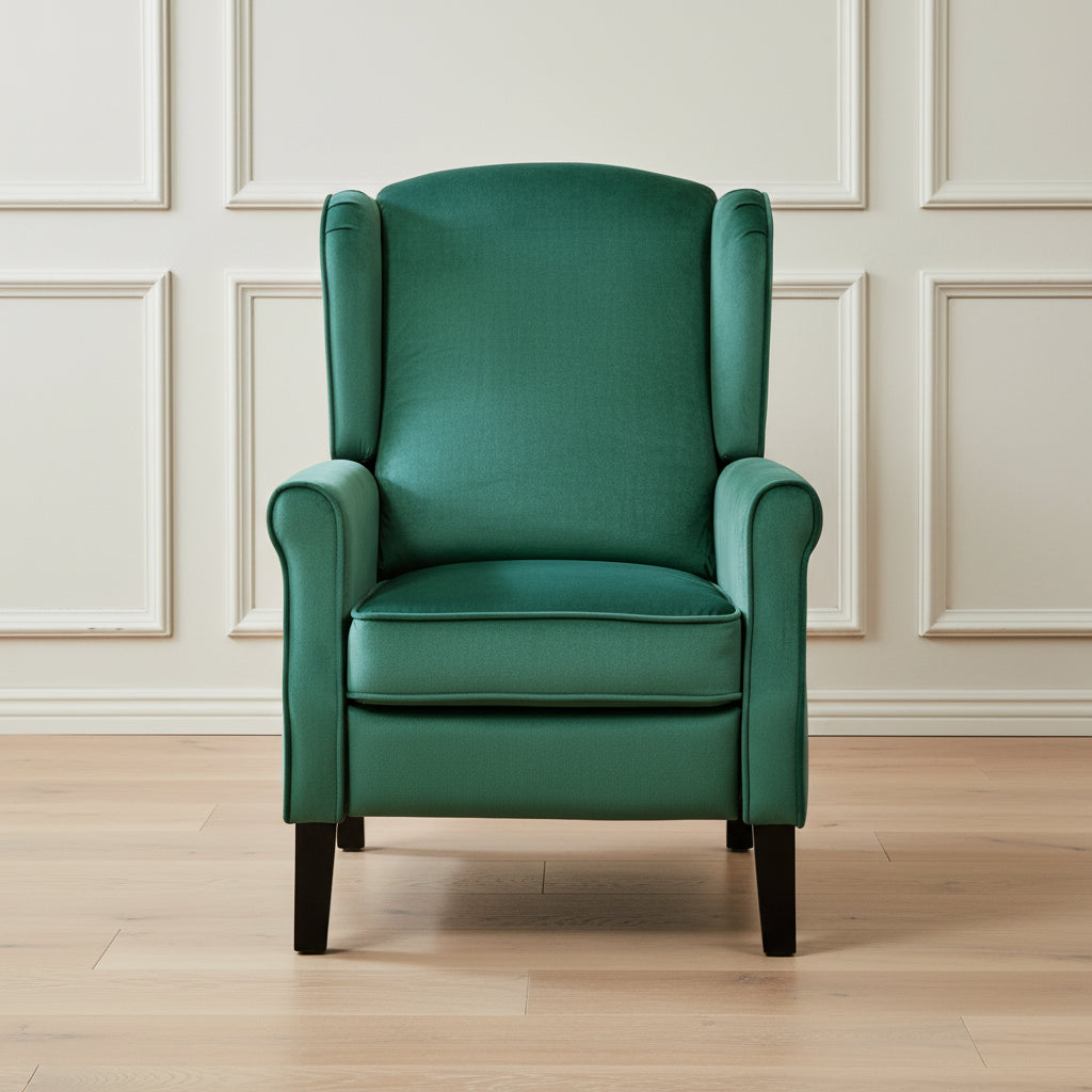 Green Velvet Armchair with Reclining Function and Black Legs
