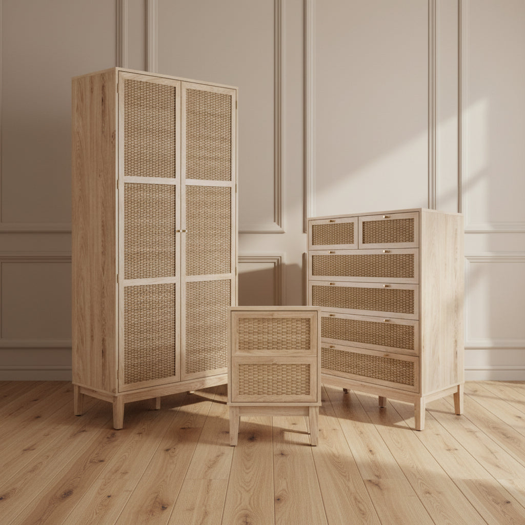 Oak & Rattan Accent Bedroom Furniture Set