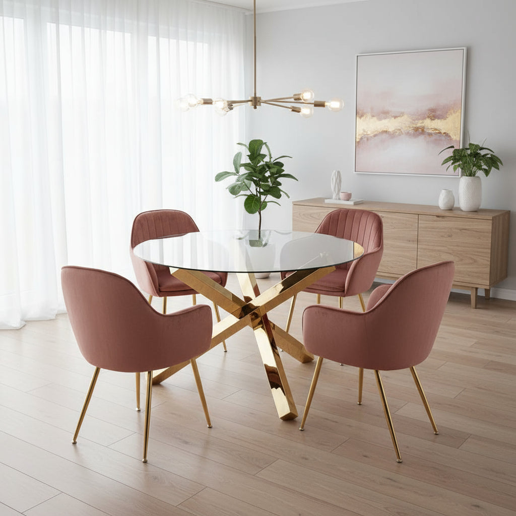 Harry Christian Home Art-deco Vintage Pink & Gold Dining Chairs with the gatsby gold dining table by harry christian home