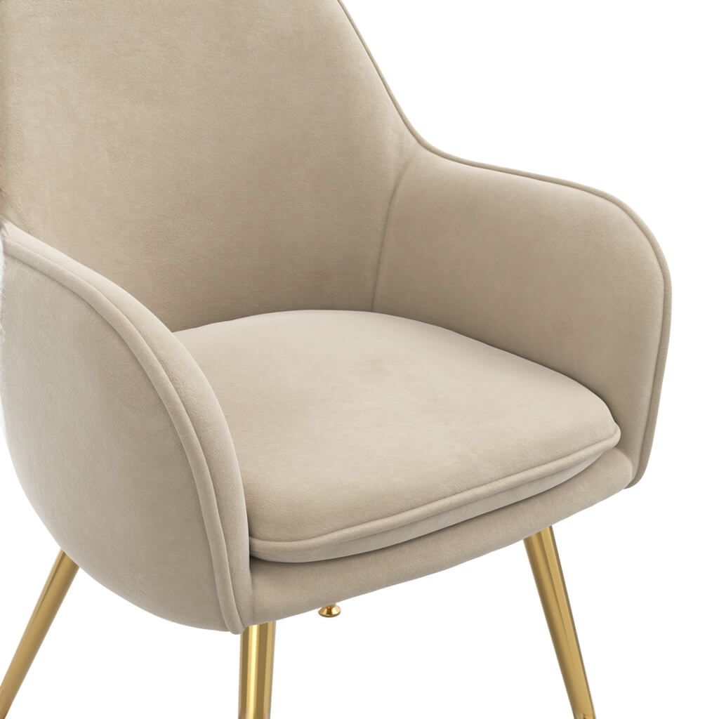 Harry Christian Home Cosy Range Dining Chair In Light Fawn With Gold Legs Seat Upholstery Close Up. Modern Dining Chair With Gold Legs And Fawn Upholstery. 