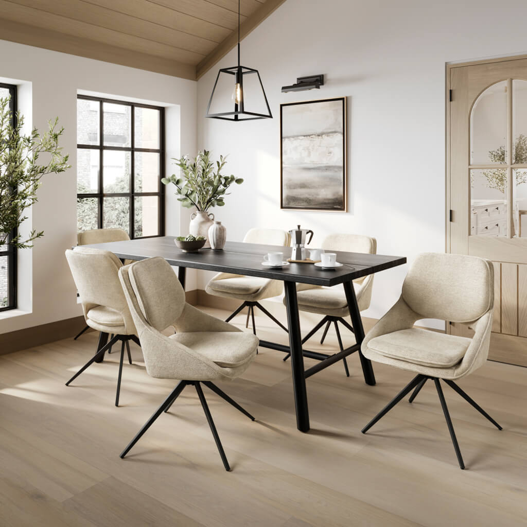 Harry Christian Home Off White Dining Chairs with Black Legs Sat Around The Harry Christian Home Black Dining Table