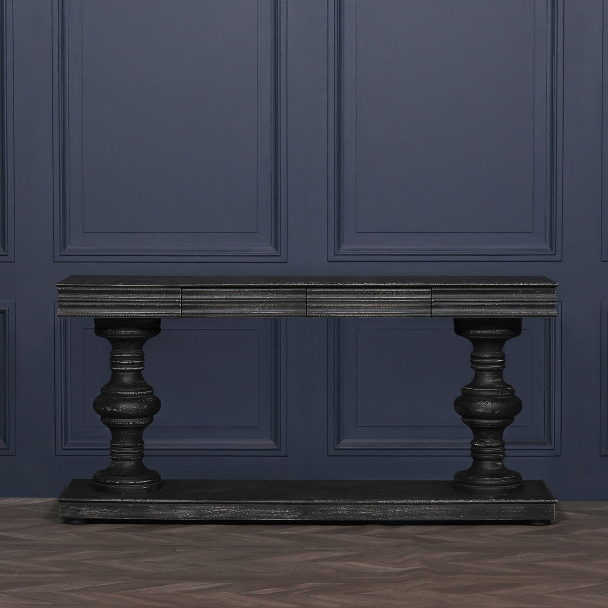 180cm Black Distressed Console Table with Drawers