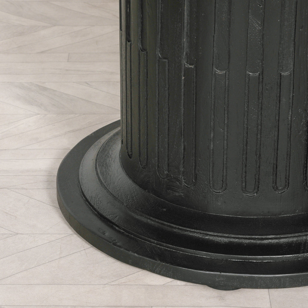 Black Wooden Round Column Dining Table With 4 Black Painted Wooden Cane Dining Chairs