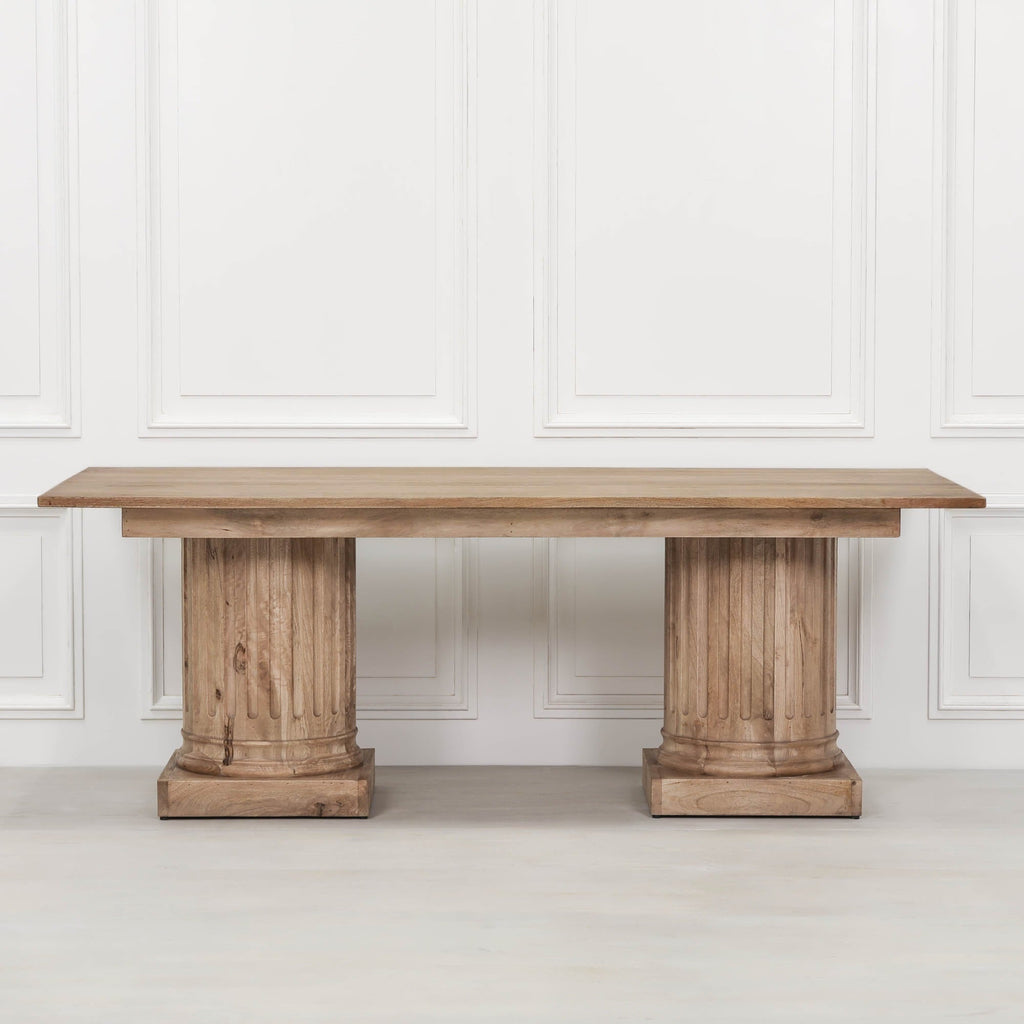 Wooden Column Rectangular Dining Table 220cm With 6 Louis Square Backed Chairs.