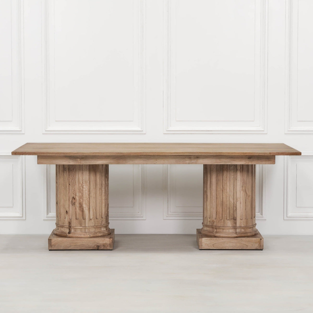 Wooden Column Rectangular Dining Table 220cm With 6 Louis Square Backed Chairs.