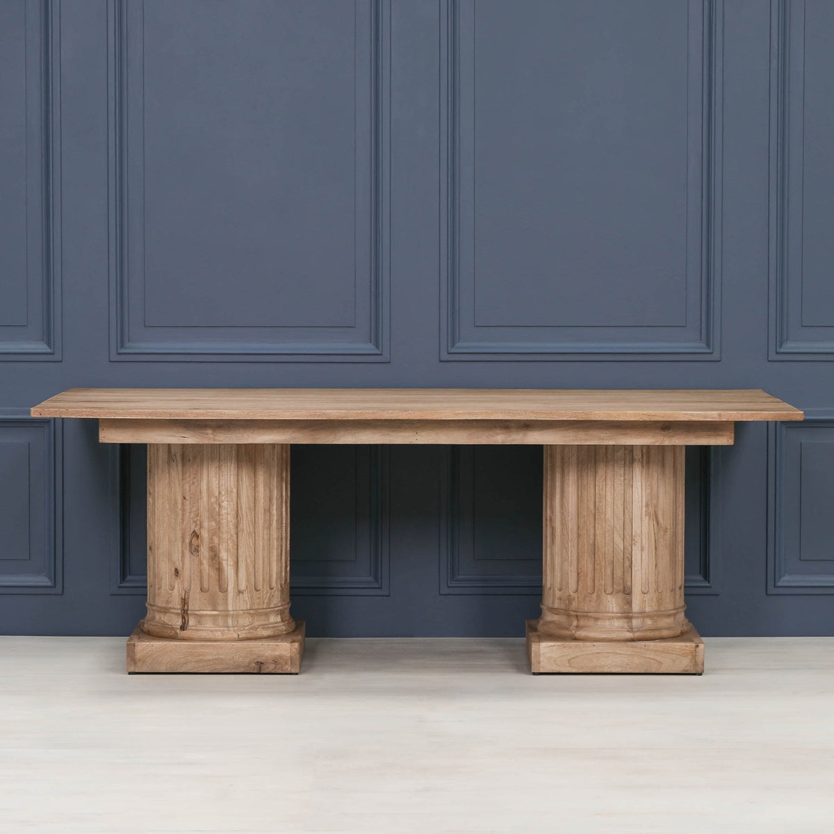 Wooden Column Rectangular Dining Table 220cm With 6 Louis Square Backed Chairs.