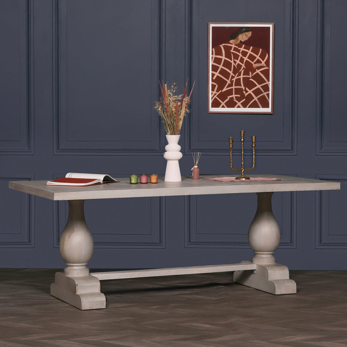 Blanche Wood Rustic Washed Rectangular Dining Table 210cm With 6 Louis Chairs