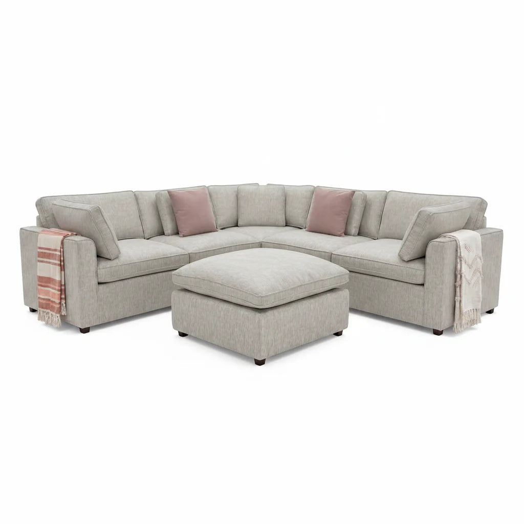 Santorini Sofa Grey Large Corner with Footstool. Heritage Home UK. Free Delivery and set up included. Grey Linen  Weaved Upholstery. 