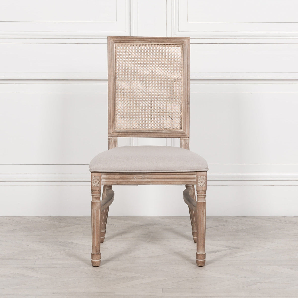 Wooden Column Rectangular Dining Table 220cm With 6 Louis Square Backed Chairs.