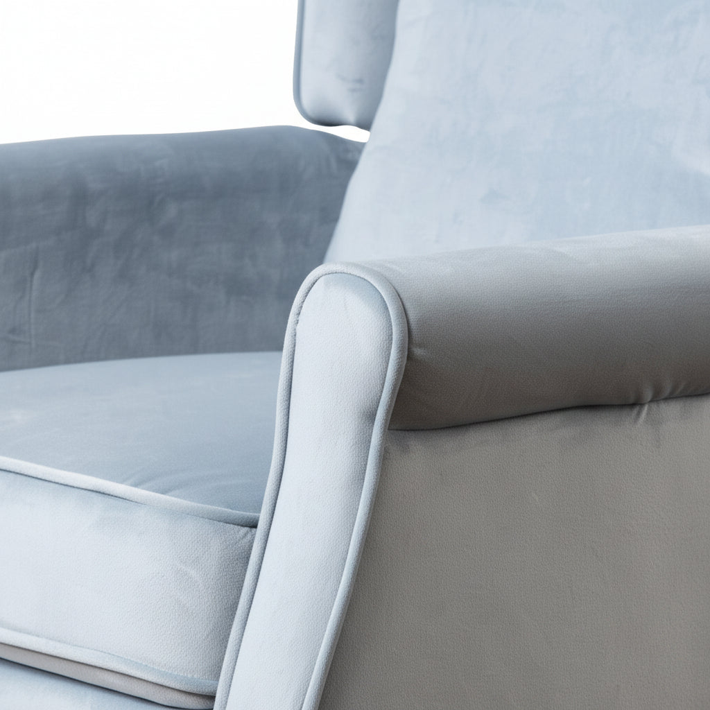 Baby Blue Velvet Armchair with Reclining Back Function and Black Legs