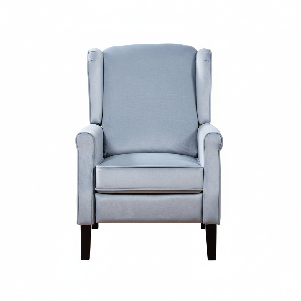 Baby Blue Velvet Armchair with Reclining Back Function and Black Legs